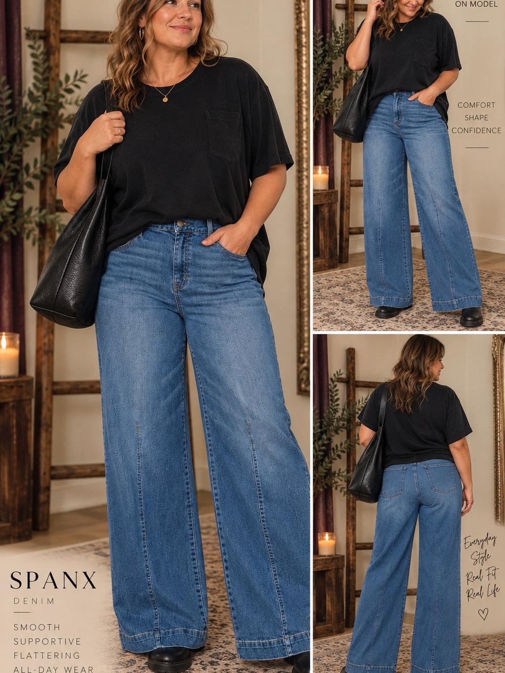 SPANX Wide-Leg High-Rise Jeans in Medium Blue Denim